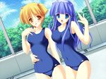  amano_kasumi blonde_hair blue_eyes blue_hair dutch_angle game_cg hairband hoshiyama_aki long_hair matsushima_biwako_wa_kaizou_ningen_de_aru. multiple_girls one-piece_swimsuit school_swimsuit short_hair swimsuit twintails yellow_eyes yoshimura_kentaro 