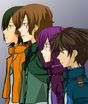  allelujah_haptism artist_request brown_eyes brown_hair celestial_being_uniform closed_mouth expressionless from_side glasses green_hair gundam gundam_00 lockon_stratos looking_at_viewer multiple_boys profile purple_hair rimless_eyewear setsuna_f_seiei tieria_erde uniform 