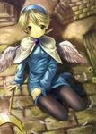  angel_wings blonde_hair breath_of_fire breath_of_fire_iv feathers hairband kichiroku nina_(breath_of_fire_iv) pantyhose short_hair sitting solo staff very_short_hair white_wings wings 