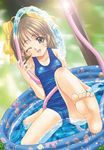  brown_eyes brown_hair feet hose long_hair one-piece_swimsuit one_eye_closed original saitou_tsukasa school_swimsuit solo swimsuit wading_pool 