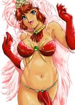  armpits bikini blue_eyes choker dark_skin elbow_gloves feathers fur gloves happy loincloth midriff navel red_hair ricarla_borgnine shiny shiny_skin short_hair shu-z solo super_robot_wars swimsuit 