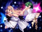  ahoge asymmetrical_clothes blonde_hair blue_eyes dress flower gloves green_hair hair_flower hair_ornament kunishige_keiichi laughing long_hair macross macross_frontier multiple_girls ranka_lee red_eyes sheryl_nome short_hair single_thighhigh space star thighhighs 