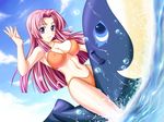  bikini bubble day dutch_angle game_cg inflatable_raft long_hair non-web_source ooeyama_inori pink_hair purple_eyes shironeko_sanbou solo swimsuit tsuyokiss waving whale 