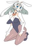  animal_ears bad_id bad_pixiv_id blue_eyes bunny_ears bunnysuit copyright_request kneeling long_hair meisamu pantyhose solo white_hair 