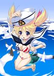  america american_flag_bikini bikini bird blonde_hair blue_eyes breasts day dixie_cup_hat falling flag_print foreshortening from_above hat highres jumping large_breasts military_hat navel open_clothes open_mouth open_shirt original orimoto_mimana sailor sandals seagull shirt short_hair solo swimsuit 
