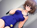  brown_eyes brown_hair dutch_angle game_cg inou_rin karyuu_kagehisa locker locker_room non-web_source one-piece_swimsuit pins school_swimsuit short_hair solo summer_radish_vacation swimsuit 