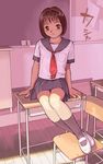  1girl arm_support bangs brown_eyes brown_hair chalkboard chalkboard_eraser classroom classroom_eraser highres indoors looking_at_viewer on_desk orange_bullet pleated_skirt school school_desk school_uniform serafuku short_hair sitting_on_desk socks solo thigh_gap thighs uwabaki wooden_floor 