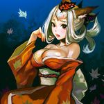  animal_ears bad_id bad_pixiv_id bare_shoulders blush breasts brown_eyes cleavage fox_ears hair_twirling hair_up japanese_clothes kimono kongiku large_breasts leaf leaf_on_head lips oboro_muramasa off_shoulder solo taira white_hair 