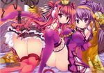  :o ankle_ribbon arm_up armpits beatmania beatmania_iidx blush breasts crown dress drill_hair headphones highres hinata_momo looking_at_viewer medium_breasts multiple_girls panties polka_dot purple_eyes purple_hair purple_legwear red_eyes red_hair ribbon sitting smile thighhighs umegiri_ameto umegiri_hifumi underwear white_panties 