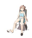  1girl akigumo_(kantai_collection) artist_name black_ribbon blouse blue_blouse blue_panties brown_hair chair dated drawing_tablet full_body green_eyes hair_ribbon kantai_collection kawashina_(momen_silicon) long_hair panties ponytail ribbon sandal_removed sandals simple_background sitting sleeveless solo stylus tired underwear white_background 