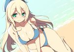  atago_(kantai_collection) bad_id bad_pixiv_id bare_shoulders beach bikini blonde_hair blue_bikini blue_hat blush breasts cleavage green_eyes hat kantai_collection large_breasts long_hair looking_at_viewer navel nekoume nose_blush o-ring o-ring_top smile solo swimsuit thigh_gap 