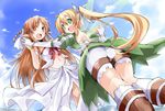  :d ass asuna_(sao) bibi blonde_hair boots brown_eyes brown_hair cloud day ear_covers elf green_eyes holding_hands leafa long_hair looking_back multiple_girls navel open_mouth pointy_ears ponytail sky smile sword_art_online titania_(sao) very_long_hair 