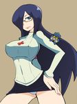  alternate_eye_color alternate_hair_color armband bespectacled black_egrets blue_eyes blue_hair breasts commentary_request covered_navel covered_nipples glasses hair_over_one_eye hand_on_hip impossible_clothes large_breasts lips long_hair miniskirt nail_polish panties pantyshot pantyshot_(standing) parasoul_(skullgirls) semi-rimless_eyewear skirt skullgirls smile solo standing sweater taut_clothes under-rim_eyewear underwear usg_ishimura white_panties 