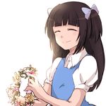  ^_^ aya_drevis bad_id bad_pixiv_id bangs black_hair blunt_bangs blush bow closed_eyes collared_shirt dress flower hair_bow hair_ornament head_wreath hiki-wota holding long_hair mad_father open_mouth shirt sidelocks smile solo sunlight younger 