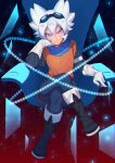  1boy belt binary boots broken_glass chair character_request copyright_request floating glass gloves glowing goggles goggles_on_head highres legs_crossed number orange_shirt purple_eyes scarf shirt short_hair sitting smile solo spiked_hair white_gloves white_hair zuizi 