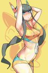  armpits arms_up bangs black_hair blue_eyes blunt_bangs breasts eric_muentes gym_leader halter_top halterneck headphones kamitsure_(pokemon) looking_at_viewer midriff pokemon pokemon_(game) pokemon_bw2 revealing_clothes shorts small_breasts solo 