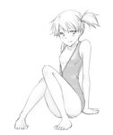  arm_support barefoot blush breast_slip flat_chest greyscale kasumi_(pokemon) legs light_smile looking_at_viewer monochrome monorus nipples one-piece_swimsuit one_breast_out pokemon short_hair side_ponytail simple_background sitting solo swimsuit white_background 