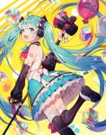  1girl 39 absurdres ahoge aqua_eyes aqua_hair azit_(down) balloon bangs detached_sleeves from_side hatsune_miku headphones highres long_hair looking_at_viewer magical_mirai_(vocaloid) megaphone number_tattoo open_mouth skirt solo tattoo thighhighs twintails very_long_hair vocaloid yellow_background 