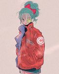  aqua_eyes aqua_hair bow bulma cowboy_shot dragon_ball earphones hair_bow hands_in_pockets jacket long_hair long_sleeves looking_at_viewer moricky ponytail red_bow red_jacket scouter shorts simple_background smile solo 