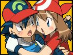  1girl :o amada bandana couple fingerless_gloves gloves haruka_(pokemon) hat hetero open_mouth pokemon pokemon_(anime) satoshi_(pokemon) 