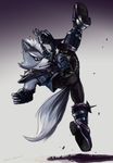  armor artist_request black_eyes furry gloves kicking male_focus solo star_fox tail white_hair wolf_o'donnell 