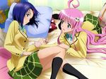  bed blue_hair blush green_eyes highres lala_satalin_deviluke long_hair lying multiple_girls non-web_source peke pillow pink_hair plaid plaid_skirt purple_eyes sairenji_haruna school_uniform short_hair skirt to_love-ru wallpaper 