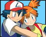  1girl amada couple gloves hat hetero hug hug_from_behind kasumi_(pokemon) pokemon pokemon_(anime) pokemon_(classic_anime) satoshi_(pokemon) side_ponytail 