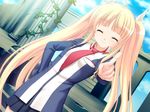  alfhild_tranen blonde_hair closed_eyes column dutch_angle game_cg jpeg_artifacts long_hair narumi_suzune non-web_source pillar pointing prawf_clwyd school_uniform solo souryuu twintails 