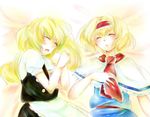  :o alice_margatroid bad_id bad_pixiv_id bed_sheet black_dress blonde_hair capelet closed_eyes dress from_above hand_on_own_chest kirisame_marisa long_hair multiple_girls natsume_(yukihime) necktie parted_lips puffy_short_sleeves puffy_sleeves red_neckwear short_hair short_sleeves sleeping touhou 