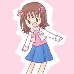  amami_haruka brown_hair casual green_eyes hair_ribbon idolmaster idolmaster_(classic) idolmaster_1 lowres ribbon sakuramori_sumomo skirt solo 