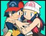  1girl amada beanie couple fingerless_gloves gloves hat hetero hikari_(pokemon) hug hug_from_behind pokemon pokemon_(anime) poketch satoshi_(pokemon) watch wristwatch 