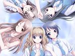  black_hair blonde_hair circle_formation cross_channel glasses hasekura_youko kirihara_touko long_hair matsuryuu miyasumi_misato multiple_girls non-web_source one_eye_closed sakura_kiri school_uniform short_hair yamanobe_miki 