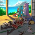  3girls alcohol aqua_hair bad_id bad_pixiv_id blonde_hair bottle breast_grab breasts brother_and_sister brown_hair can cloud day eating esukee fan feet food fruit grabbing happy hatsune_miku incense kagamine_len kagamine_rin kaito kamui_gakupo kayari_buta large_breasts legs long_hair lowres lying meiko morning multiple_boys multiple_girls ocean open_clothes open_shirt paper_fan ponytail purple_hair shirt short_hair siblings sitting skirt sky sleeping summer sunlight tatami thighhighs twins twintails uchiwa veranda vocaloid watermelon 