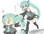  aqua_hair blue_eyes chasing chibi clothes_theft detached_sleeves hachune_miku hands hatsune_miku long_hair multiple_girls necktie object_on_head outstretched_arm outstretched_hand panties panties_on_head reaching skirt spring_onion striped striped_panties tears tetora_(kari) theft thighhighs twintails underwear underwear_theft vocaloid 