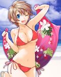  arm_up armpits beach bikini blue_eyes body_blush breasts brown_hair cleavage covered_nipples day large_breasts looking_at_viewer navel non-web_source nylon one_eye_closed open_mouth original outdoors sandals short_hair side-tie_bikini smile solo swimsuit towel 