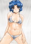  bikini blue_hair closed_mouth kusuha_mizuha oil shiny shiny_skin short_hair shu-z solo super_robot_wars swimsuit 