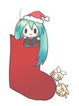  2girls :3 aqua_hair blonde_hair chibi christmas hair_ribbon hat hatsune_miku kagamine_len kagamine_rin long_hair multiple_girls ribbon sakuramori_sumomo santa_hat short_hair socks twintails vocaloid 