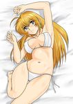  armpits arms_up bad_leg barefoot bikini blonde_hair ikkitousen lying on_back shiny shiny_skin shu-z side-tie_bikini solo sonsaku_hakufu swimsuit 