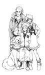  2boys ^_^ artist_request boney boots character_request closed_eyes dog duster_(mother) facial_hair greyscale jacket kumatora monochrome mother_(game) mother_3 multiple_boys scarf smile tomboy winter_clothes 