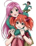  1boy 2girls akashiya_moka aono_tsukune blood hug multiple_girls nosebleed rosario+vampire shuzen_kokoa siblings simple_background sisters 