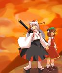  animal_ears brown_hair cat_ears chen geta harukatron inubashiri_momiji multiple_girls silver_hair sword tengu-geta touhou weapon wolf_ears 