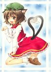  animal_ears bad_id bad_pixiv_id bow bowtie brown_eyes brown_hair cat_ears cat_tail chen dress earrings fang hat heart heart_tail jewelry multiple_tails paw_pose shie_(m417) shoes socks solo tail touhou traditional_media 