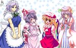  bad_anatomy bat_wings blonde_hair blue_hair blush braid fang flandre_scarlet hair_ribbon hat hong_meiling izayoi_sakuya maid multiple_girls nagana_sayui one_side_up patchouli_knowledge ponytail purple_eyes purple_hair red_eyes remilia_scarlet ribbon short_hair silver_hair touhou tray twin_braids wings 