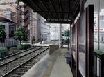 copyright_request no_humans railroad_tracks rain scenery tactile_paving tokyo_(city) toshima_(tokyo) train_station 