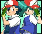  1girl amada cosplay couple fingerless_gloves gloves green_hair hat hetero imite_(pokemon) pokemon pokemon_(anime) pokemon_(classic_anime) satoshi_(pokemon) satoshi_(pokemon)_(cosplay) 