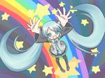  aqua_eyes aqua_hair hatsune_miku long_hair necktie rainbow rainbow_path sakuramori_sumomo skirt solo star thighhighs twintails vocaloid 