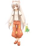  bow buckle character_doll doll ex-keine fujiwara_no_mokou full_body hair_bow holding kamishirasawa_keine kokotetsu long_hair looking_at_viewer no_socks ofuda pants shoes simple_background slippers solo standing suspenders touhou very_long_hair white_background 