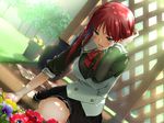  adjusting_hair amanogawa_subaru blue_eyes dirty dutch_angle flower game_cg garden kneeling light majodou pleated_skirt red_hair sano_toshihide school_uniform skirt sleeves_rolled_up smile solo 