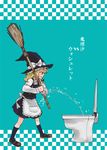  angry apron bamboo_broom bangs bidet black_eyes black_legwear blonde_hair blue_background bow broom checkered checkered_background commentary_request fighting_stance hat hat_bow kirisame_marisa kuma_(crimsonvanilla) long_hair mary_janes nervous shoes skirt skirt_set socks solo standing toilet touhou translated waist_apron witch_hat 