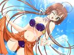  ahoge bikini brown_hair day dutch_angle game_cg glasses long_hair non-web_source one_eye_closed orange_sarong ripple_~blue_seal_e_youkoso~ sarong sarong_lift solo splashing swimsuit twintails water yabe_mahono yellow_eyes 